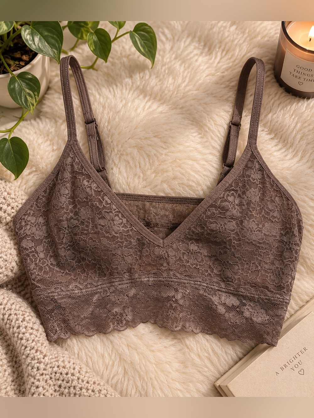 AERIE | Boho Triangle Lace Bralette | Adjustable Shoulder Strap | Medium | Taupe